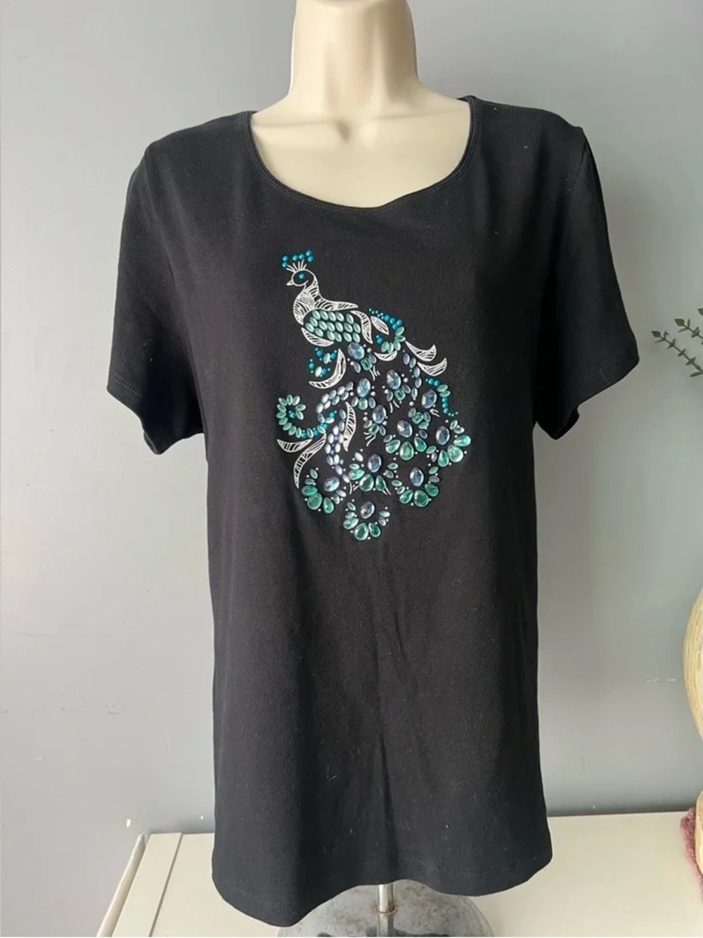 Black Short-Sleeve Women's Tee with Teal Peacock Embellishment